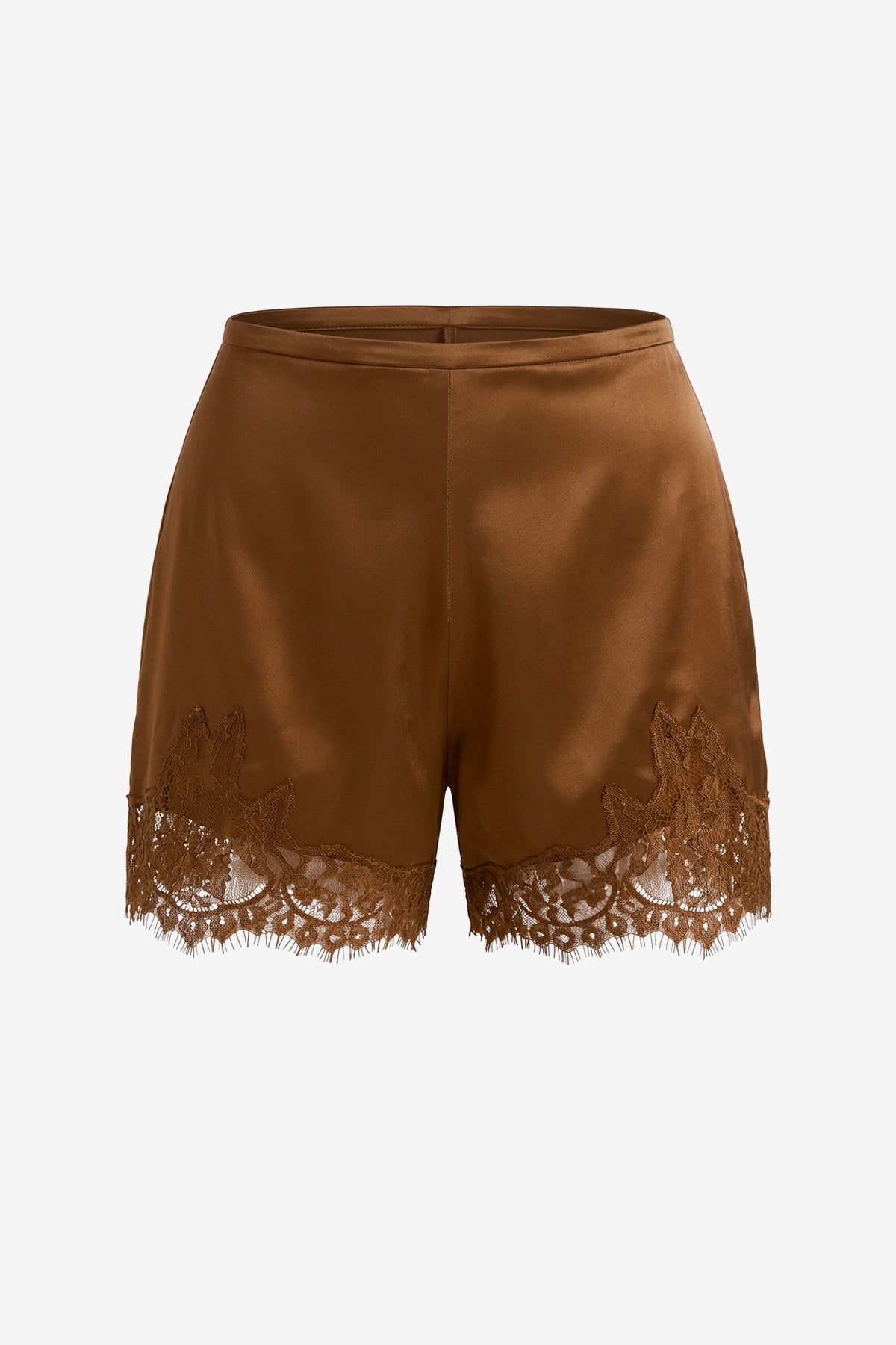 Womens Brown Satin Silk Lace Shorts | CicyBell
