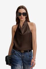 Women Brown Summer Satin Halter Tank Tops | CicyBell