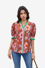Womens Brown Floral Puff Short Sleeve Tops  | CicyBell