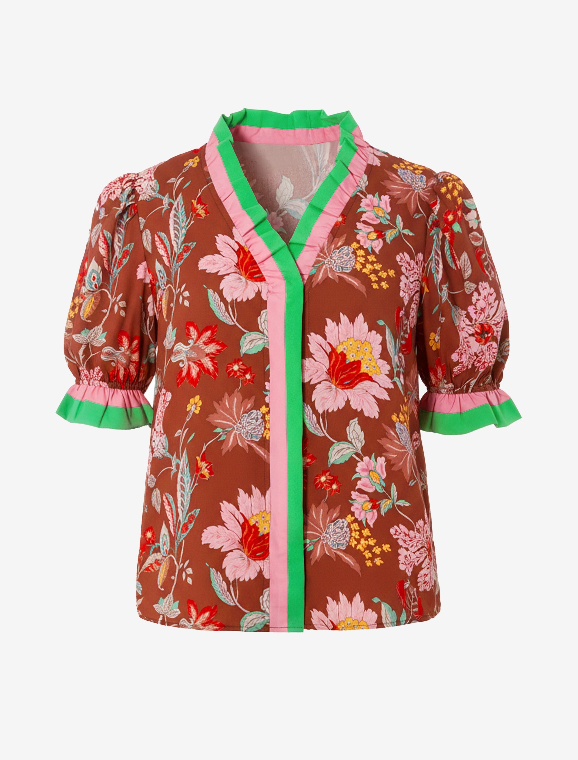 Womens Brown Floral Puff Short Sleeve Tops  | CicyBell