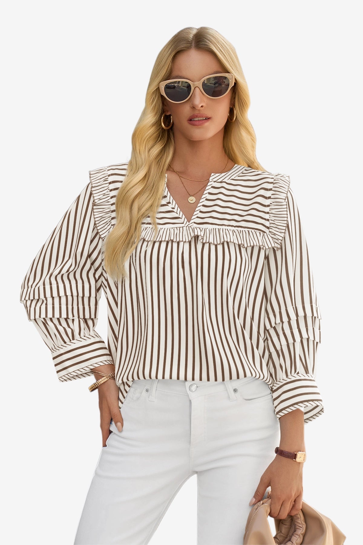 Womens Brown Striped Babydoll Tops | CicyBell