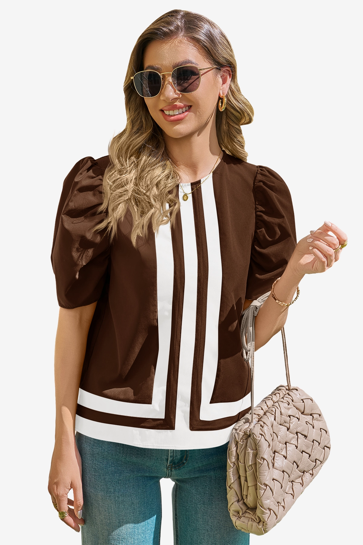 Womens Brown Summer Puff Sleeve Blouses  | CicyBell