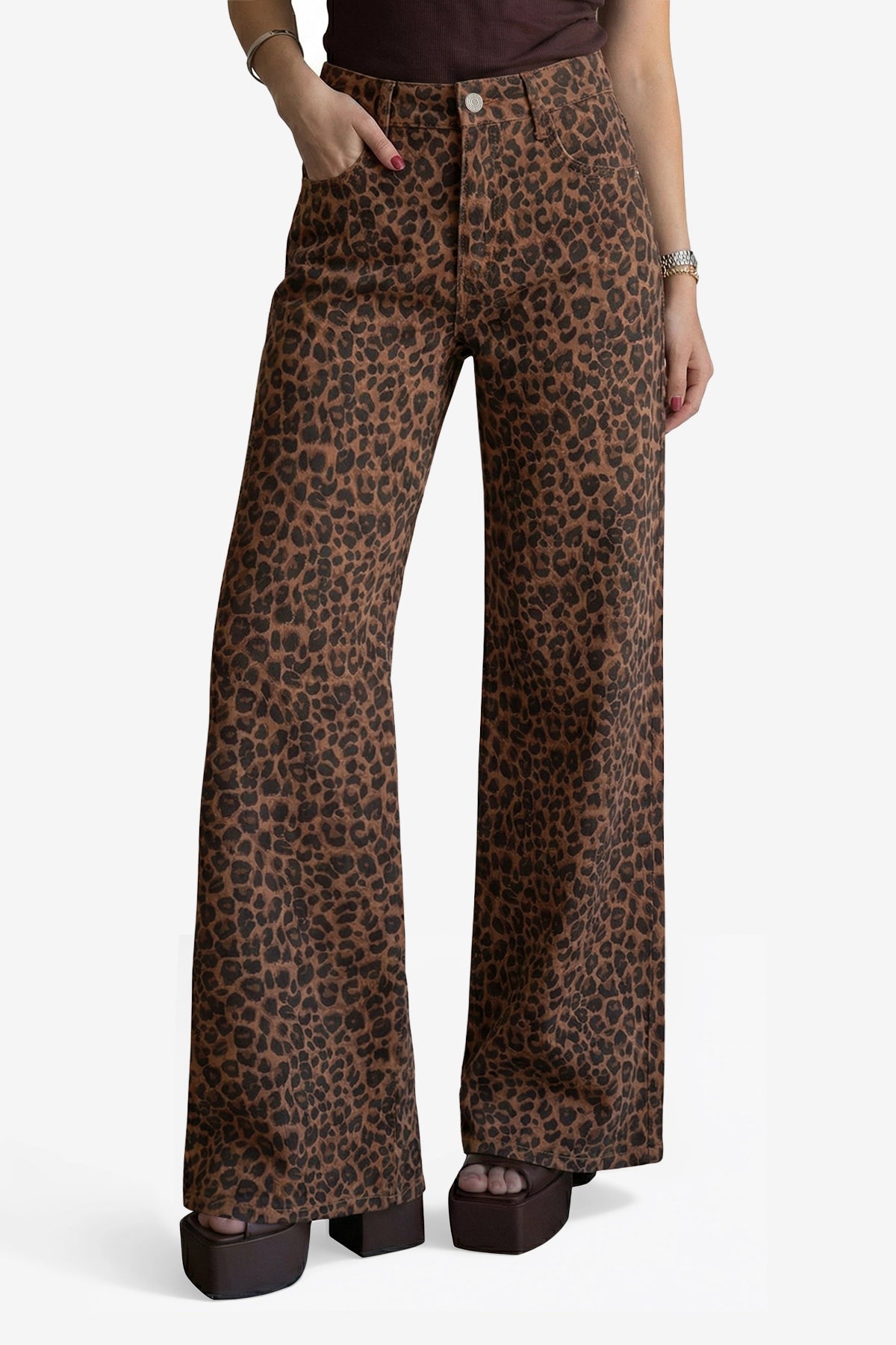 Womens Brown Leopard Print Wide Leg Jeans | CicyBell