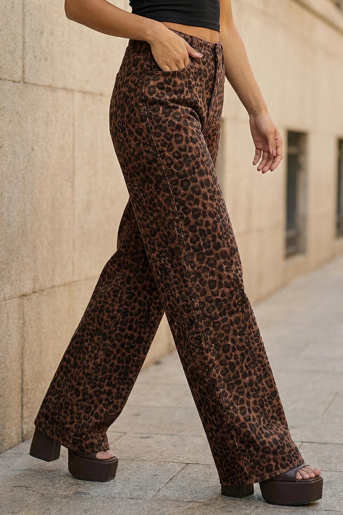 Womens Brown Leopard Print Wide Leg Jeans | CicyBell