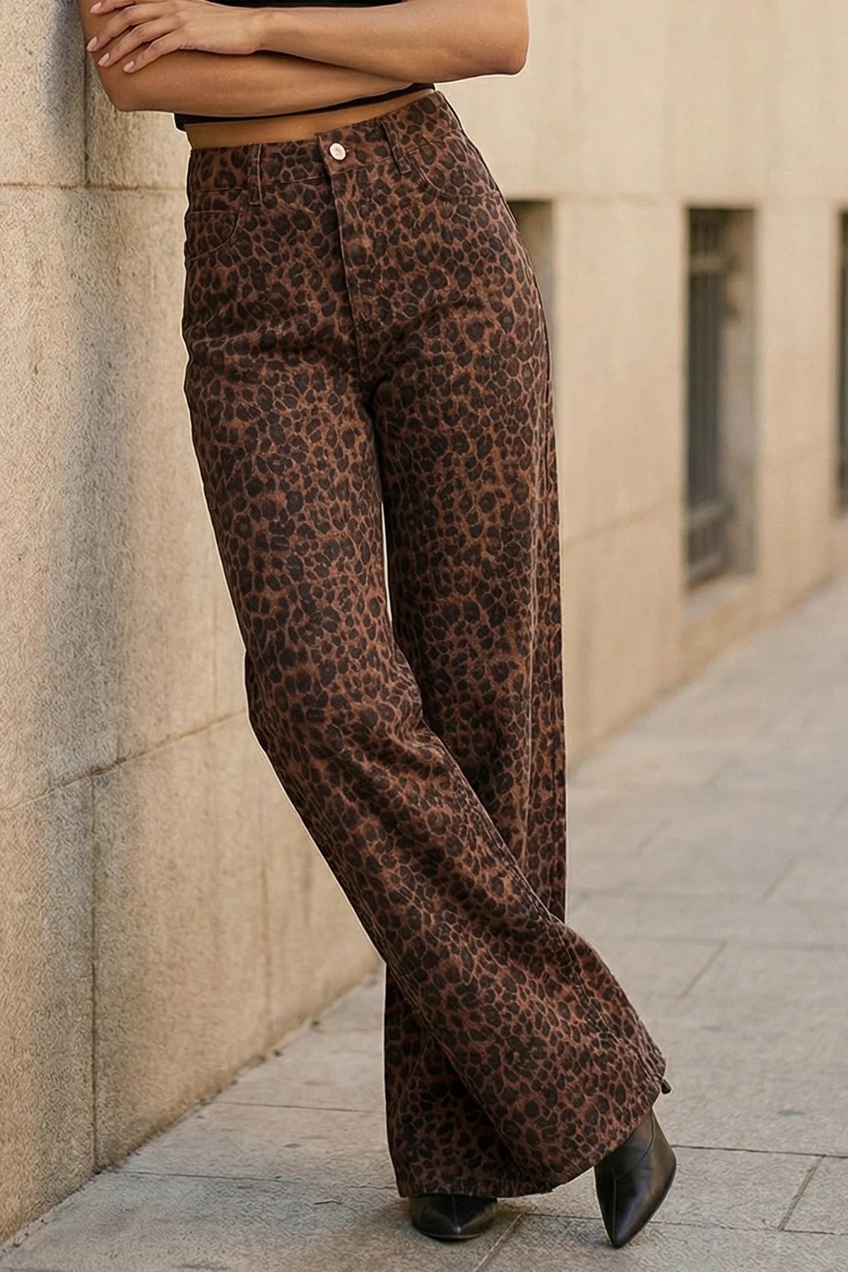 Womens Brown Leopard Print Wide Leg Jeans | CicyBell