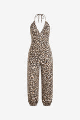 Womens Brown Leopard Print Sexy Halter Jumpsuits | CicyBell