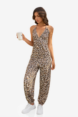 Womens Brown Leopard Print Sexy Halter Jumpsuits | CicyBell