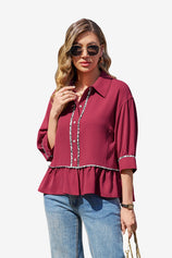 Womens Burgundy Summer Button Down Blouses | CicyBell