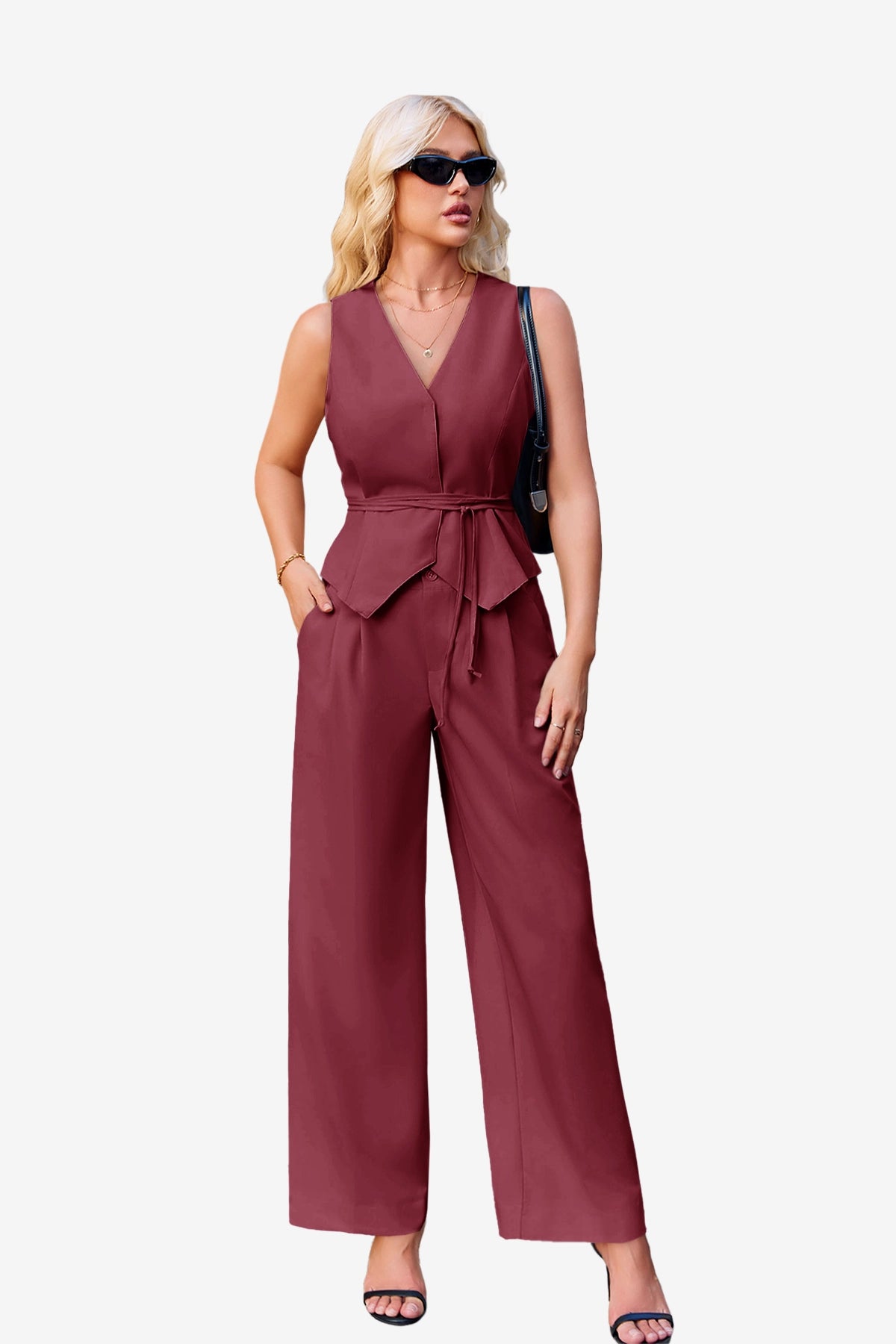Womens Burgundy 2 Piece V Neck Outfits | CicyBell