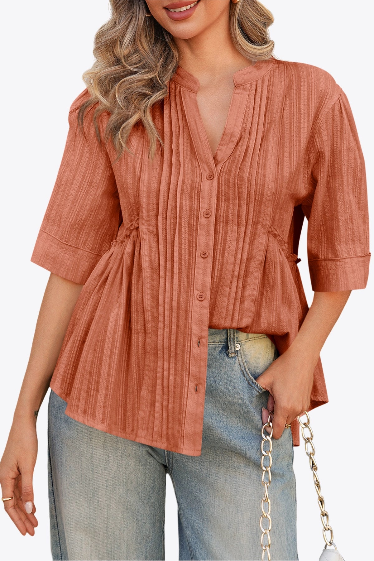 Womens Caramel Peplum Button Down Shirts | CicyBell