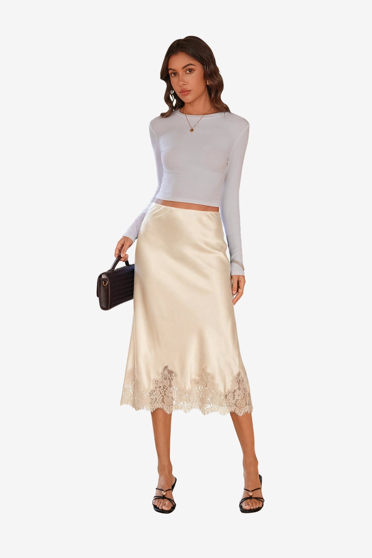 Womens Champagne Silk Satin Midi Skirts | CicyBell