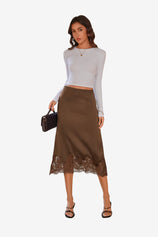 Womens Coffee Silk Satin Midi Skirts | CicyBell