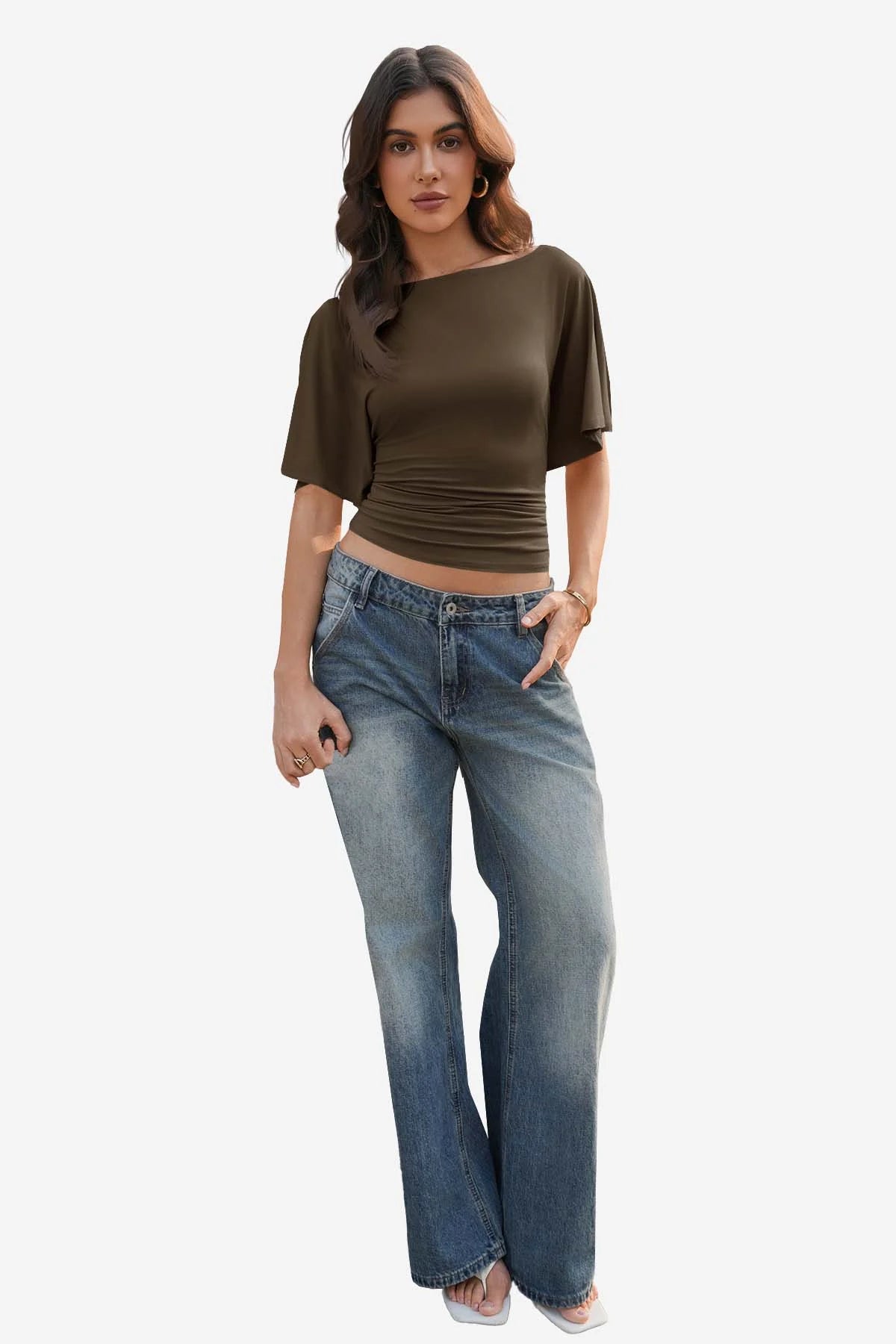 Womens Coffee Tie Back Cinched Tops | CicyBell
