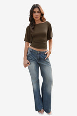 Womens Coffee Tie Back Cinched Tops | CicyBell