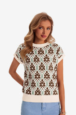 Women's Coffee Floral Cap Sleeve Sweater Tops  | CicyBell