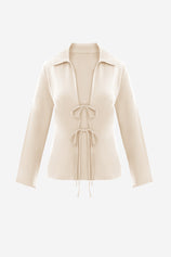 Womens Creamy White Satin Tie Front Shirts | CicyBell