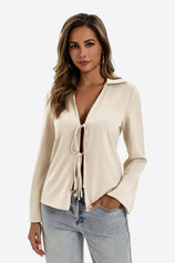 Womens Creamy White Satin Tie Front Shirts | CicyBell