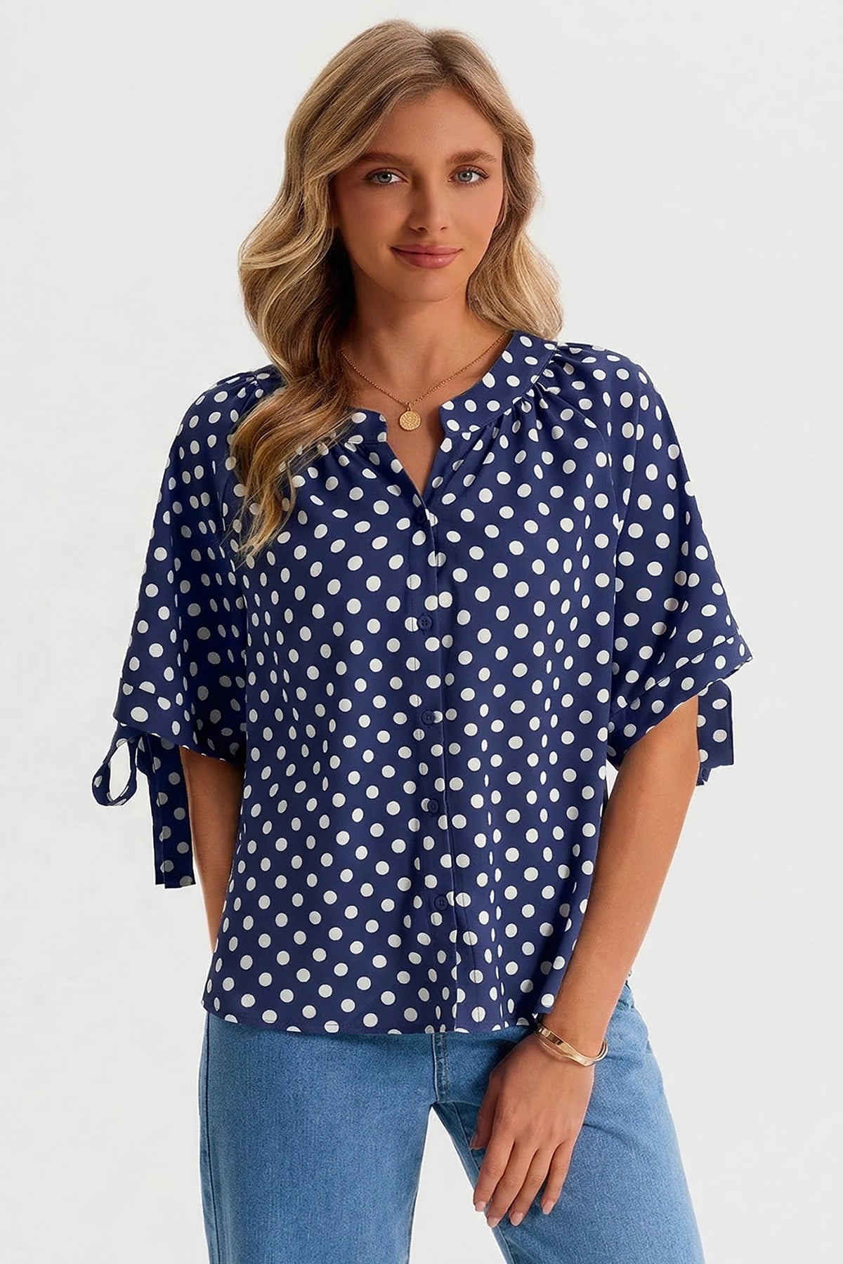 Womens Dark Blue Polka Dot Blouse Tops | CicyBell