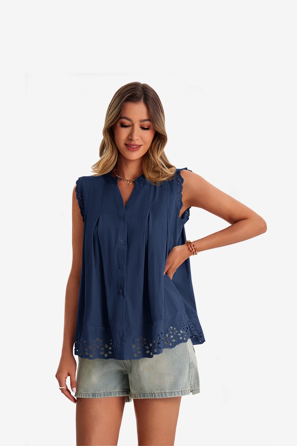 Womens Dark Blue Summer Eyelet Tank Tops | CicyBell