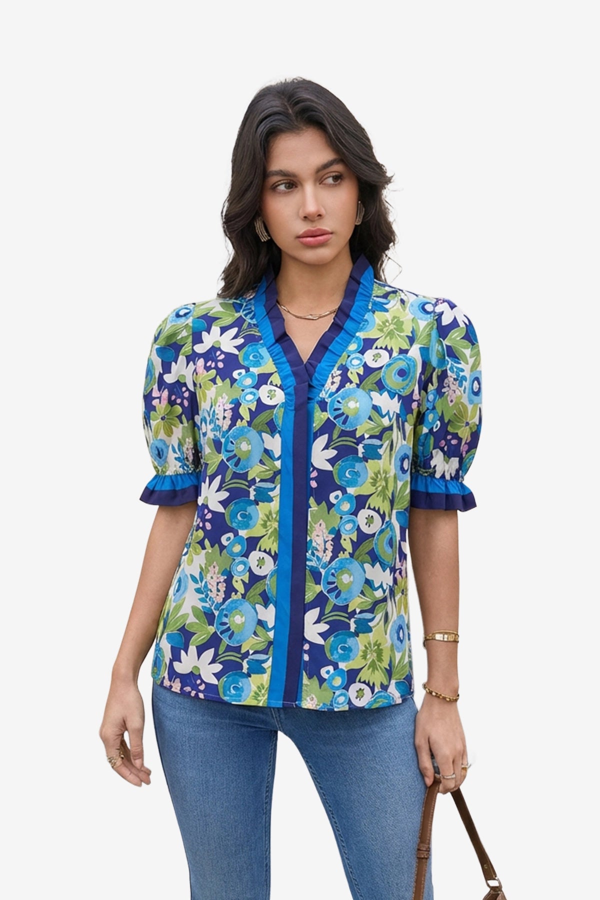 Womens Dark Blue Floral Puff Short Sleeve Tops  | CicyBell