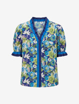 Womens Dark Blue Floral Puff Short Sleeve Tops  | CicyBell