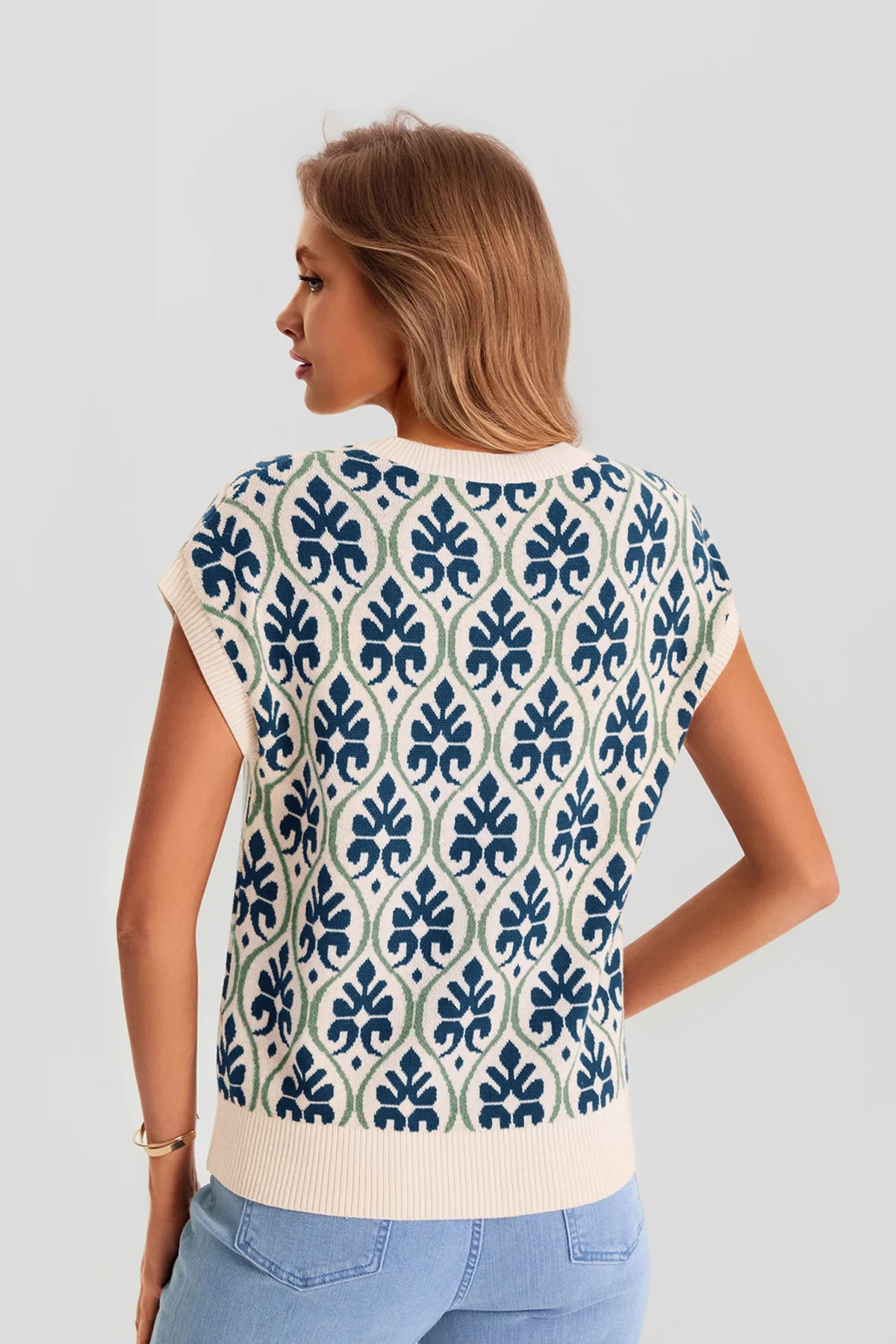 Women's Dark Blue Floral Cap Sleeve Sweater Tops  | CicyBell