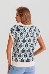Women's Dark Blue Floral Cap Sleeve Sweater Tops  | CicyBell