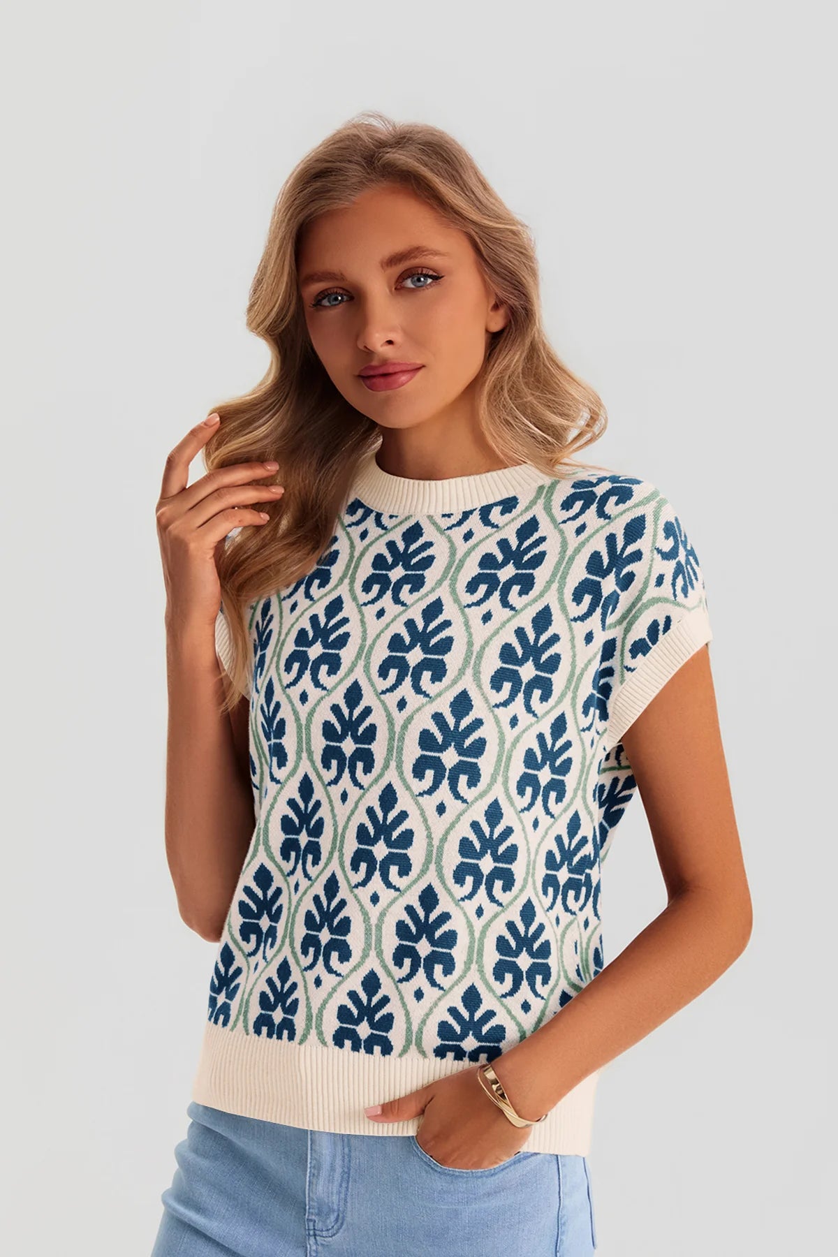 Women's Dark Blue Floral Cap Sleeve Sweater Tops  | CicyBell
