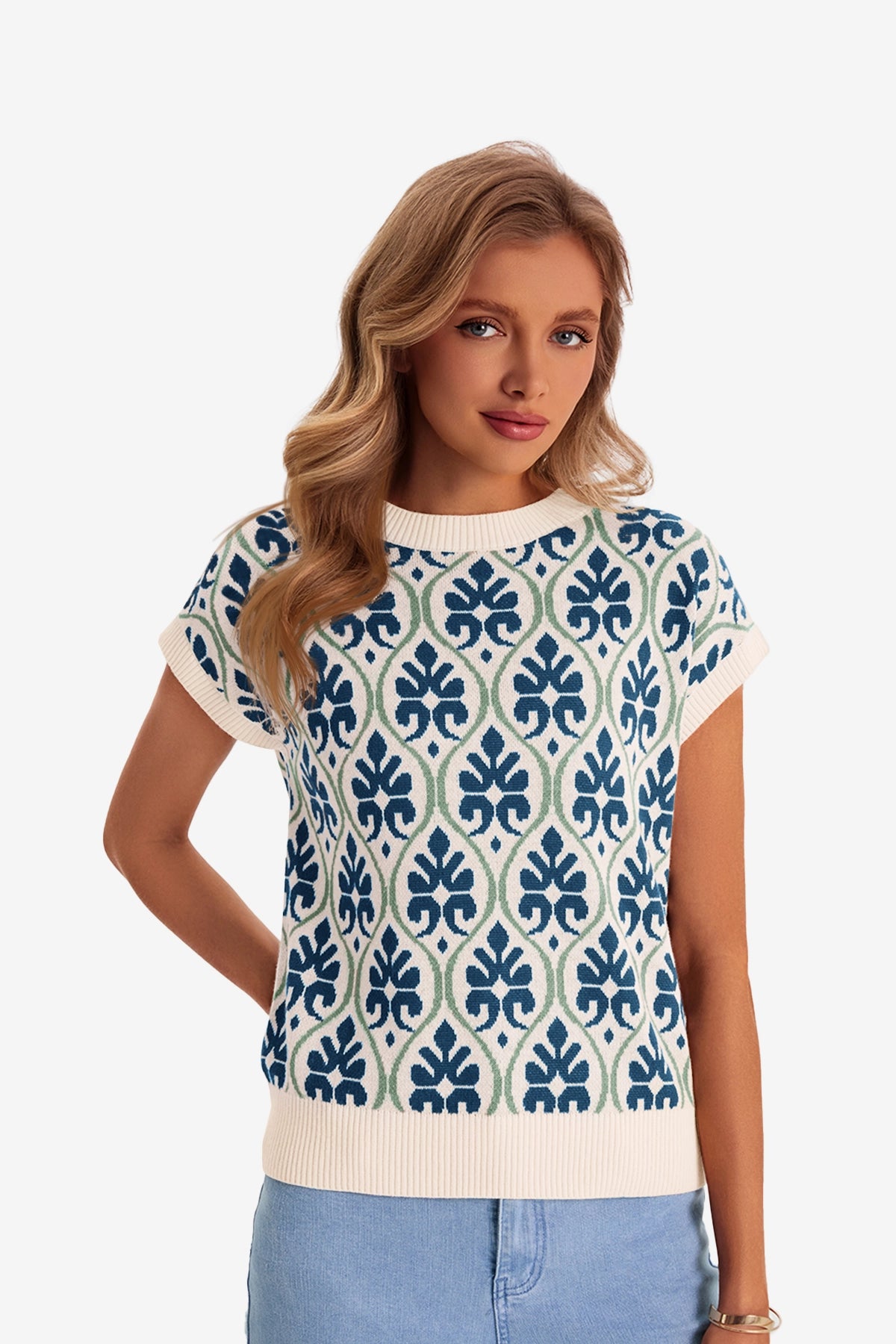 Women's Dark Blue Floral Cap Sleeve Sweater Tops  | CicyBell