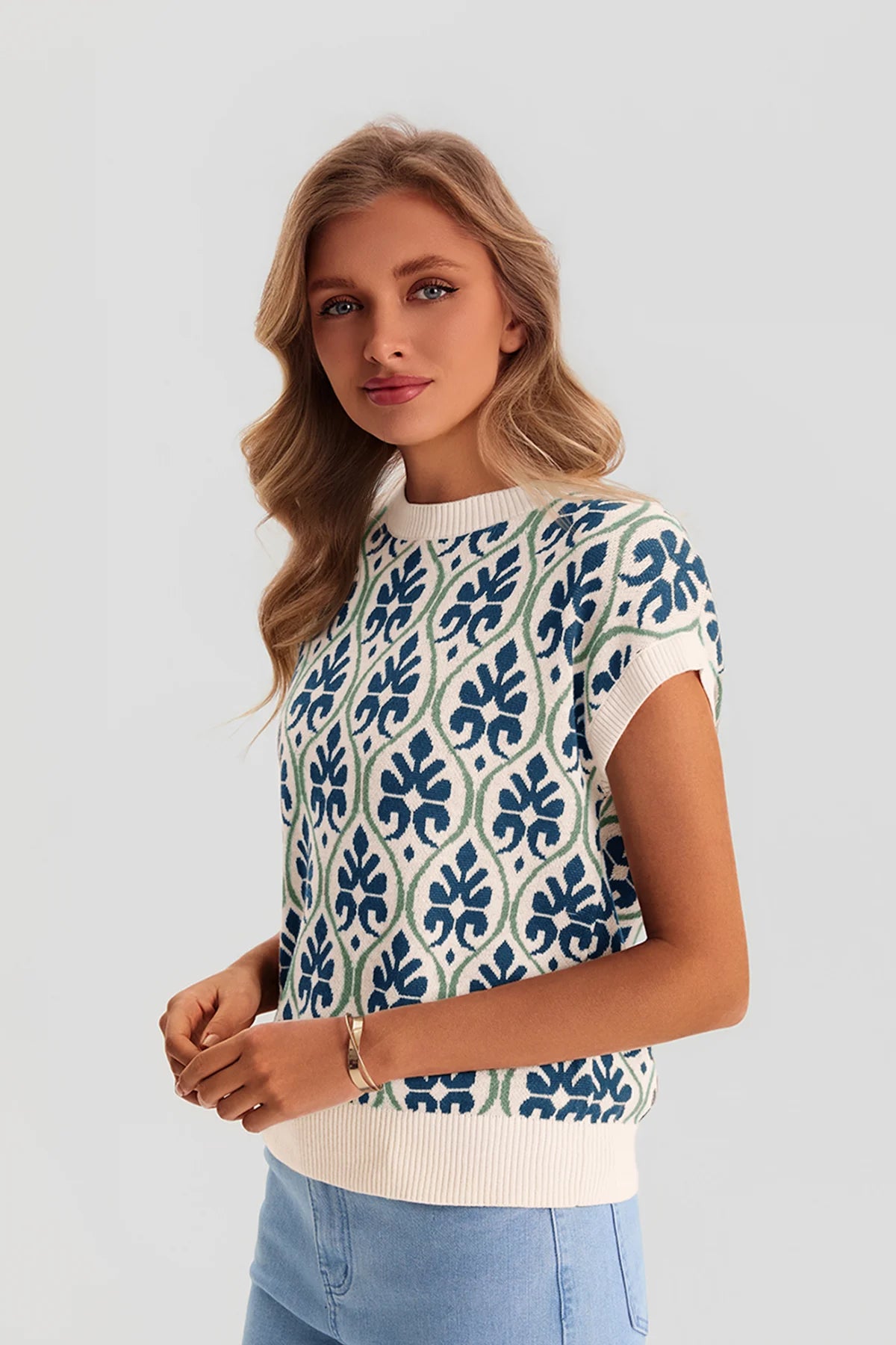 Women's Dark Blue Floral Cap Sleeve Sweater Tops  | CicyBell