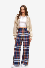 Womens Dark Blue Wide Leg Plaid Pants | CicyBell