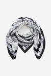 Cicy Bell Women's DarkBlue and White Silk-Like Scarf, 27.5 inch square. Features an artistic monochrome floral print with high-contrast borders. A versatile 70x70cm premium polyester head wrap and neck tie.