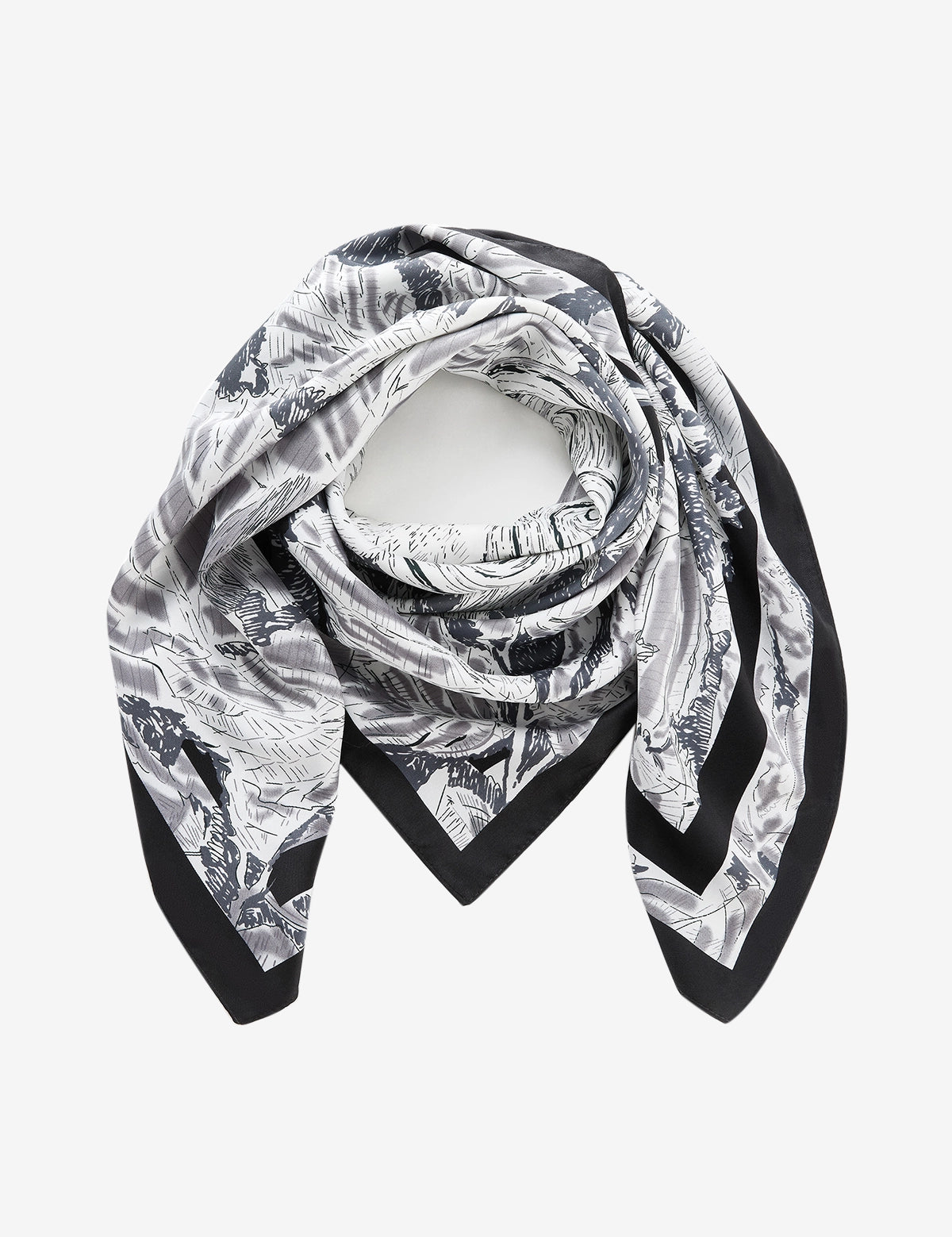 Cicy Bell Women's DarkBlue and White Silk-Like Scarf, 27.5 inch square. Features an artistic monochrome floral print with high-contrast borders. A versatile 70x70cm premium polyester head wrap and neck tie.