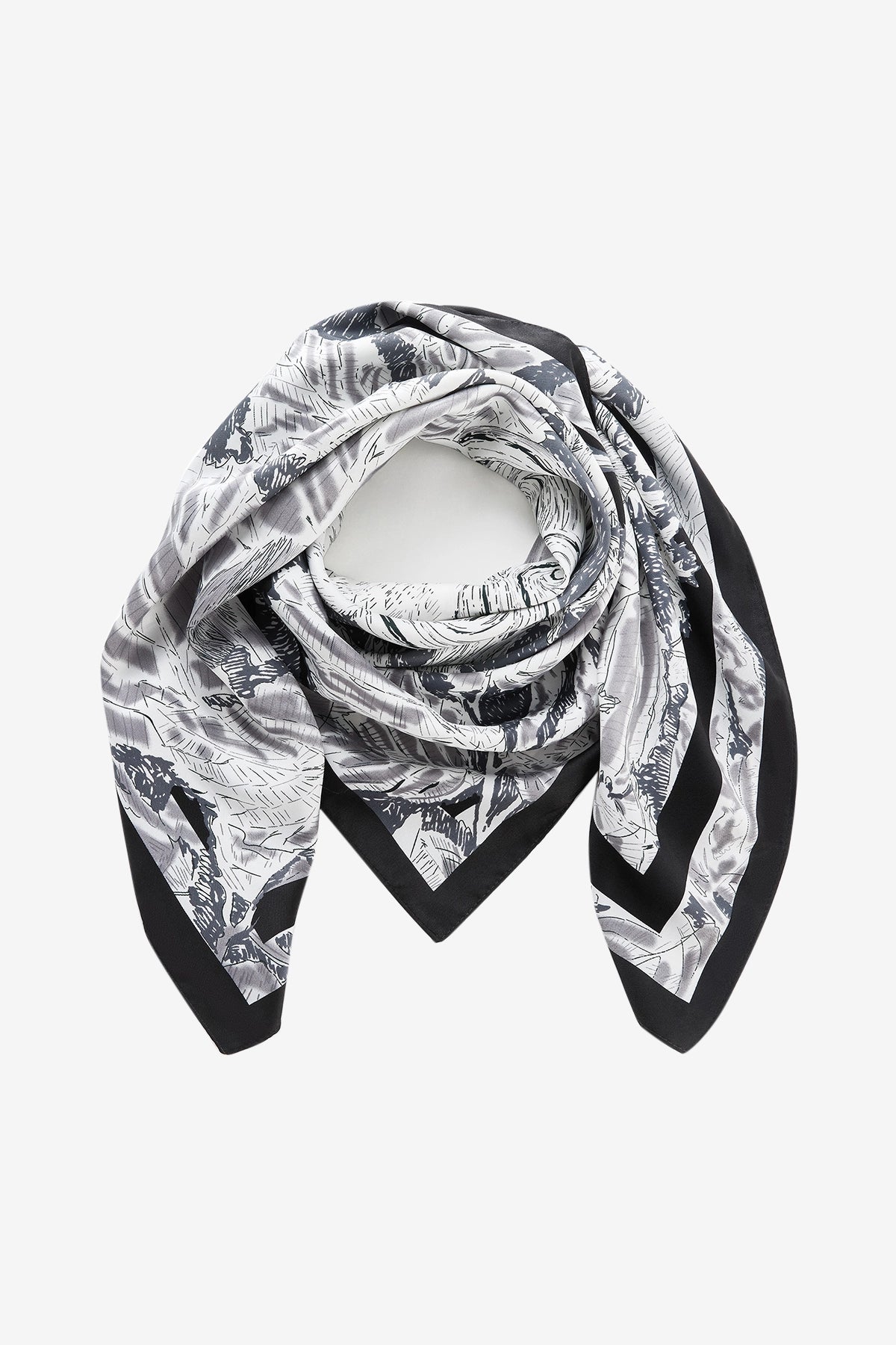 Cicy Bell Women's DarkBlue and White Silk-Like Scarf, 27.5 inch square. Features an artistic monochrome floral print with high-contrast borders. A versatile 70x70cm premium polyester head wrap and neck tie.