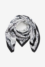 Cicy Bell Women's DarkBlue and White Silk-Like Scarf, 27.5 inch square. Features an artistic monochrome floral print with high-contrast borders. A versatile 70x70cm premium polyester head wrap and neck tie.