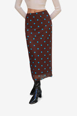 Womens Dark Brown Floral Boho Mesh Midi Skirt  | CicyBell
