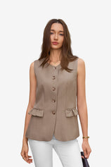Womens Dark Khaki Blazer Vest Tops  | CicyBell