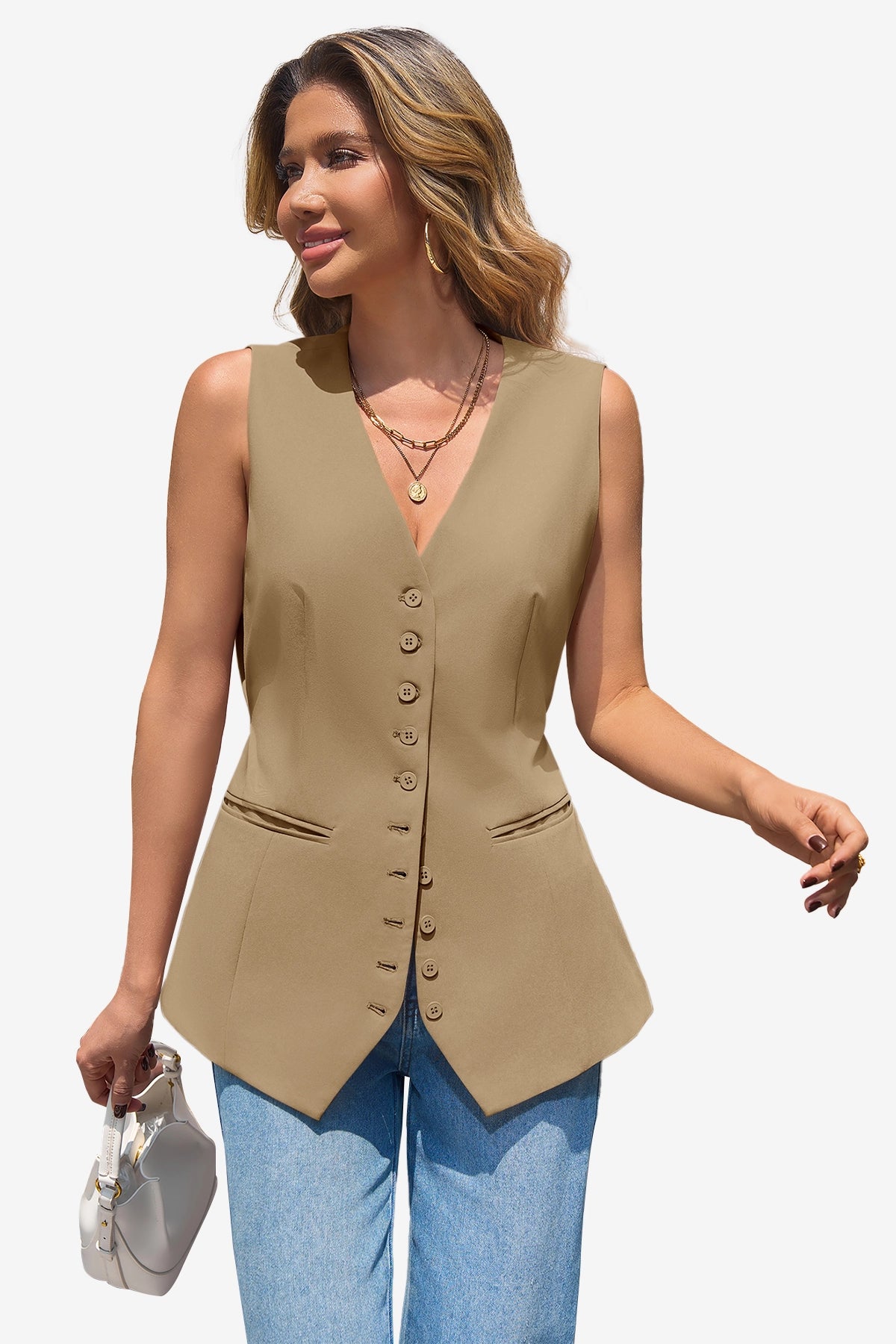 Wrinkle-Free Dark Khaki V-Neck Vest Tailored Stretch | CicyBell