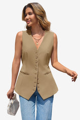 Wrinkle-Free Dark Khaki V-Neck Vest Tailored Stretch | CicyBell