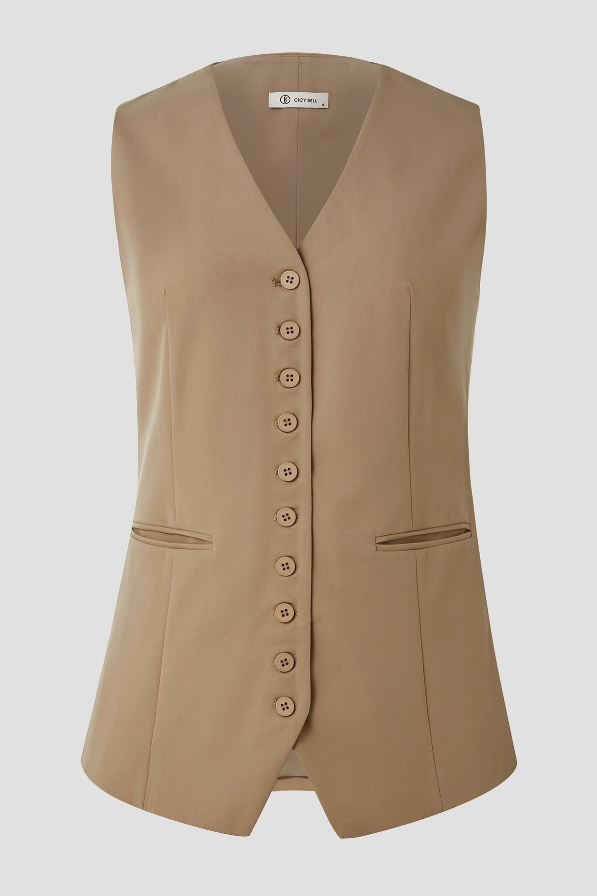 Wrinkle-Free Dark Khaki V-Neck Vest Tailored Stretch | CicyBell