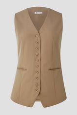 Wrinkle-Free Dark Khaki V-Neck Vest Tailored Stretch | CicyBell