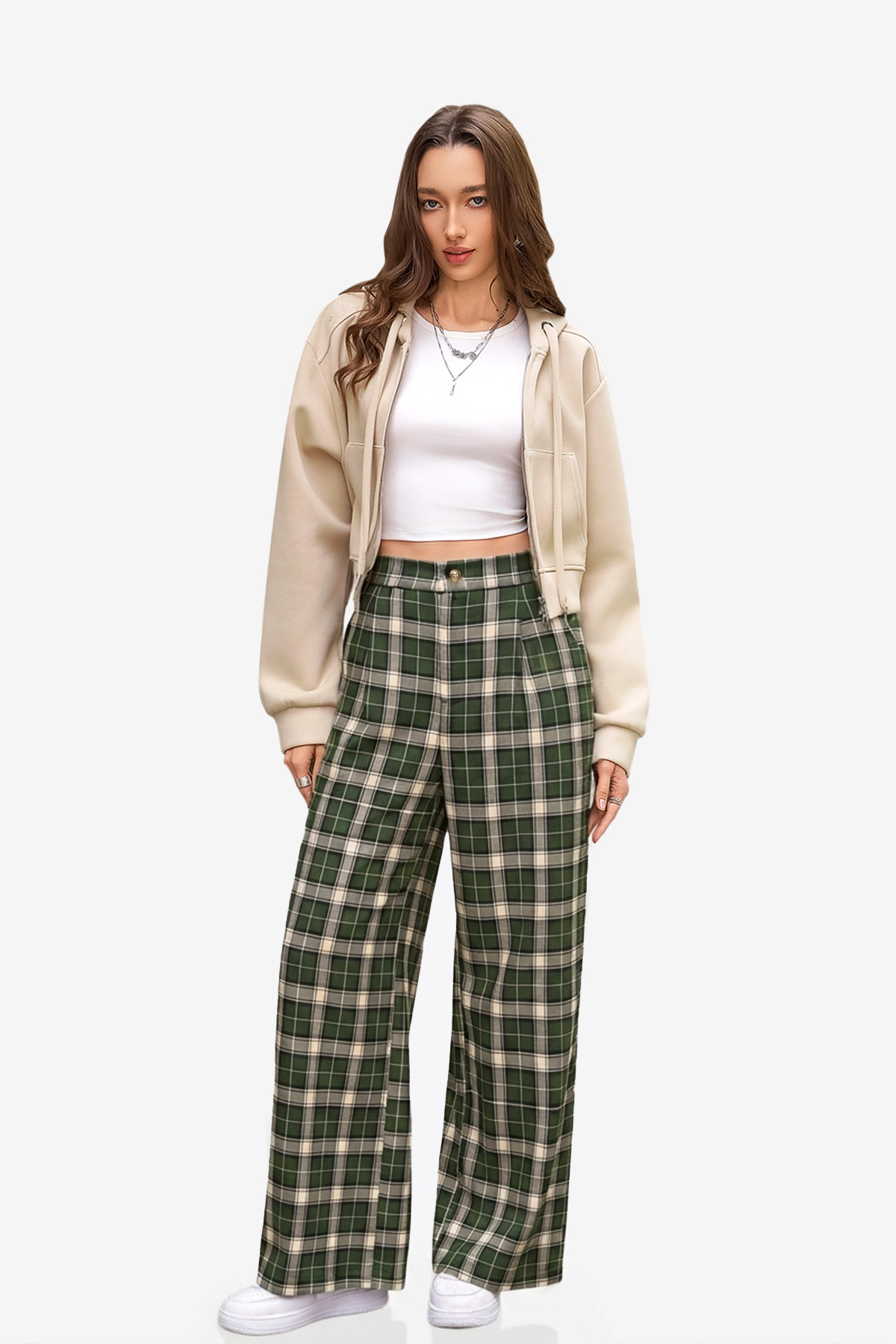 Womens Deep Green Wide Leg Plaid Pants | CicyBell