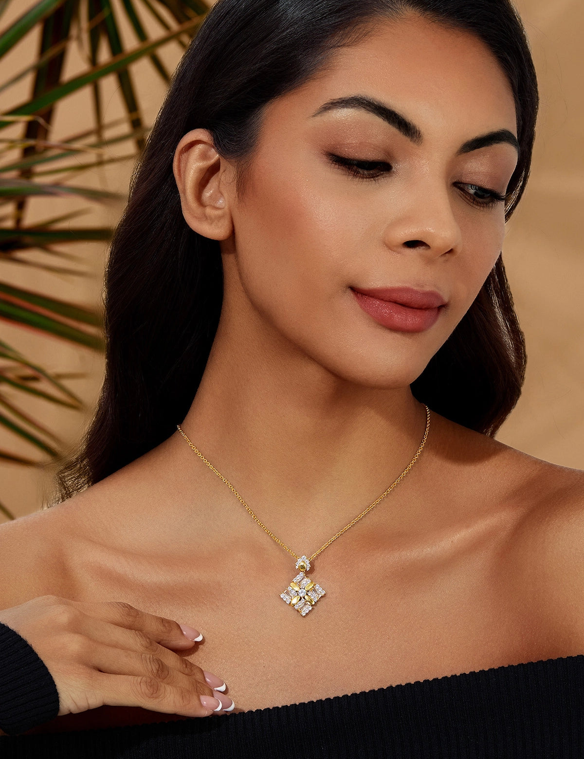 Cicy Bell Women's Floral Square Pendant Necklace in 18k gold-plated brass. Features a geometric square frame with an intricate "sparkle-within-a-square" design using round and baguette-cut Cubic Zirconia stones.