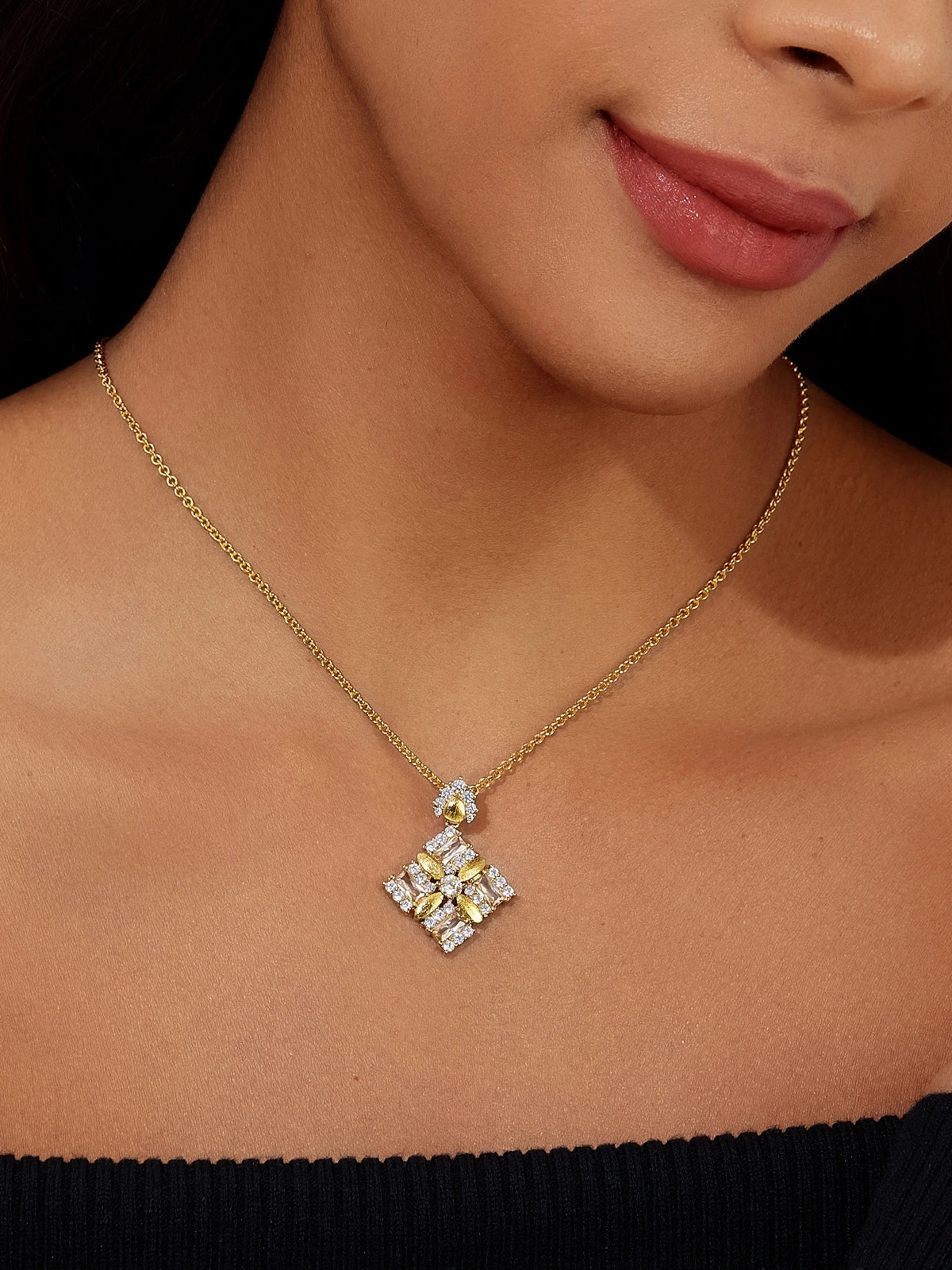 Womens Gold Floral Square Pendant | CicyBell
