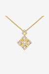 Cicy Bell Women's Floral Square Pendant Necklace in 18k gold-plated brass. Features a geometric square frame with an intricate "sparkle-within-a-square" design using round and baguette-cut Cubic Zirconia stones.