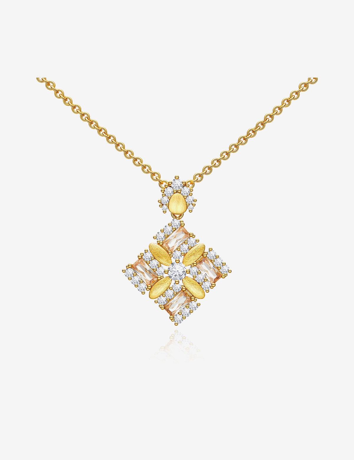 Cicy Bell Women's Floral Square Pendant Necklace in 18k gold-plated brass. Features a geometric square frame with an intricate "sparkle-within-a-square" design using round and baguette-cut Cubic Zirconia stones.