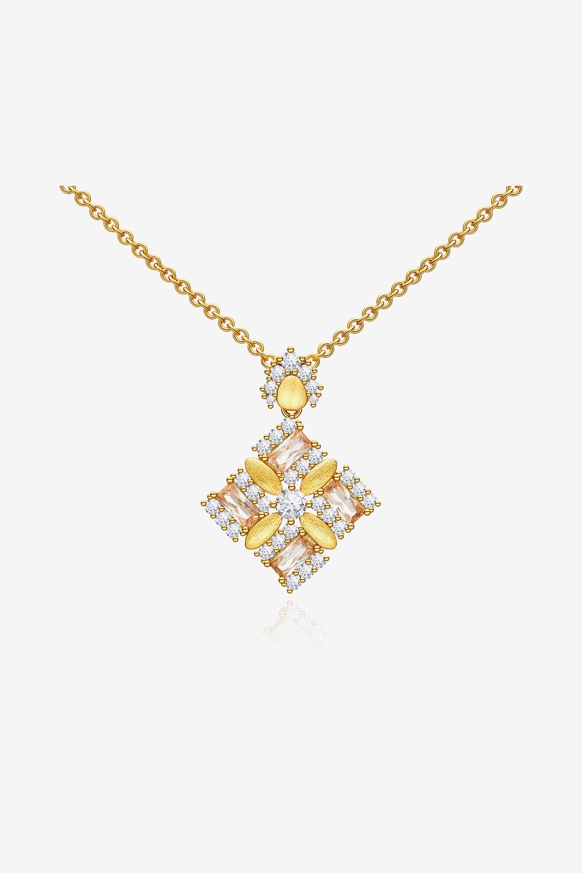 Cicy Bell Women's Floral Square Pendant Necklace in 18k gold-plated brass. Features a geometric square frame with an intricate "sparkle-within-a-square" design using round and baguette-cut Cubic Zirconia stones.