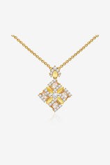 Cicy Bell Women's Floral Square Pendant Necklace in 18k gold-plated brass. Features a geometric square frame with an intricate "sparkle-within-a-square" design using round and baguette-cut Cubic Zirconia stones.