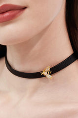 Adjustable Black Leather Bee Choker Gold Accent | CicyBell