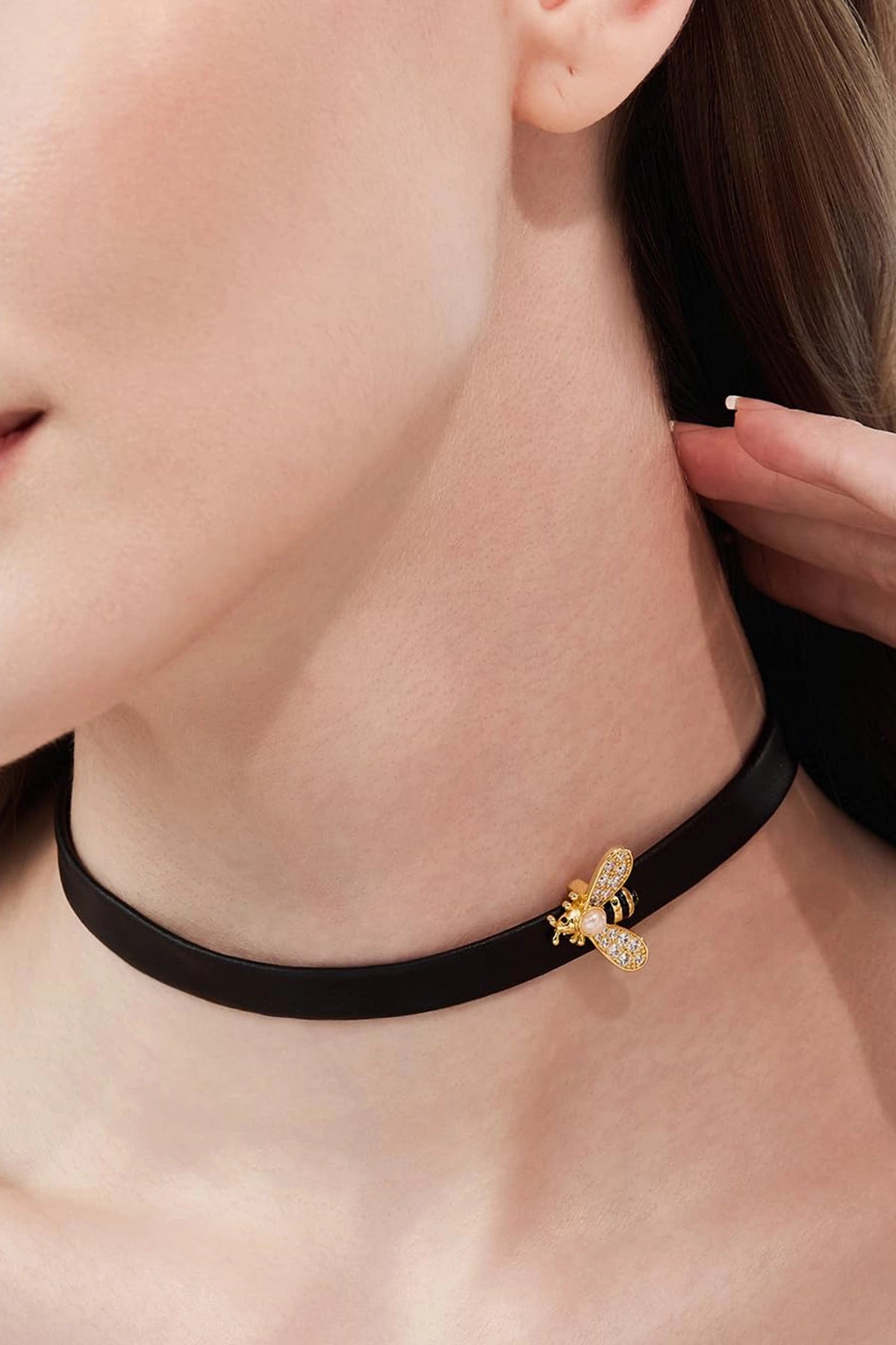 Adjustable Black Leather Bee Choker Gold Accent | CicyBell